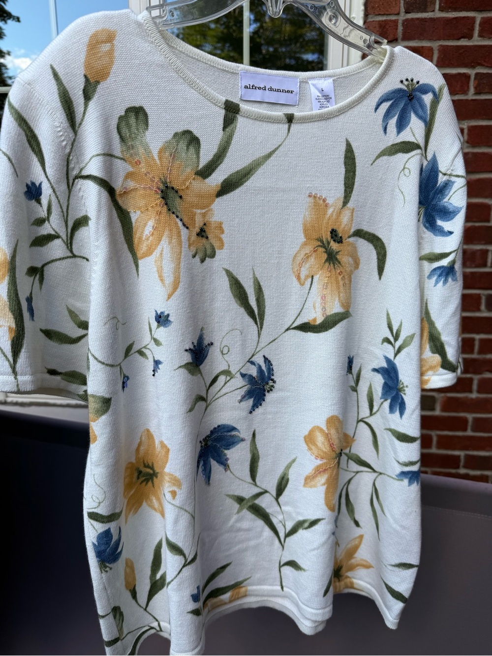 Alfred Dunner Cream Short-Sleeve Floral Tee with Yellow and Blue Blooms